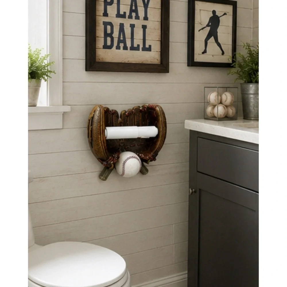 Baseball Glove Toilet Paper Holder Resin Wall Mount Sports Bathroom Decor Mitt